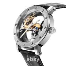IK Montre Automatique Homme Femme Argent Bracelet en Cuir Noir Squelette Fond IK Montre Automatique Homme Femme Argent Bracelet en Cuir Noir Squelette Fond