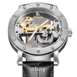 IK Montre Automatique Homme Femme Argent Bracelet en Cuir Noir Squelette Fond IK Montre Automatique Homme Femme Argent Bracelet en Cuir Noir Squelette Fond