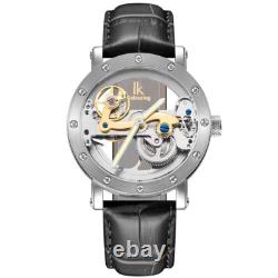 IK Montre Automatique Homme Femme Argent Bracelet en Cuir Noir Squelette Fond IK Montre Automatique Homme Femme Argent Bracelet en Cuir Noir Squelette Fond