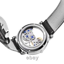 IK Montre Automatique Homme Femme Argent Bracelet en Cuir Noir Squelette Fond IK Montre Automatique Homme Femme Argent Bracelet en Cuir Noir Squelette Fond