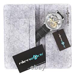 IK Montre Automatique Homme Femme Argent Bracelet en Cuir Noir Squelette Fond IK Montre Automatique Homme Femme Argent Bracelet en Cuir Noir Squelette Fond