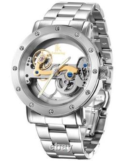 IK Montre Automatique Homme Femme Argent Bracelet en Métal Acier Squelette Fo