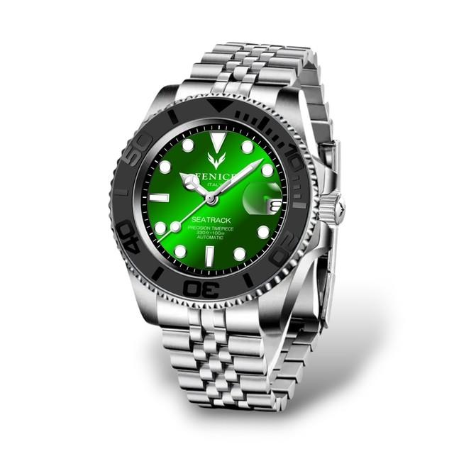 Montre Automatique 10atm En Acier Phénix Émeraude Sombre Lunette Noire