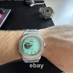 Montre Automatique Custom Mod Style Sport Luxe, Cadran Tiffany, Fond Ouvert