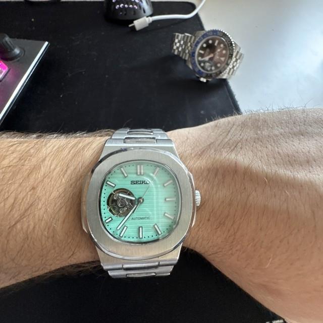 Montre Automatique Custom Mod Style Sport Luxe, Cadran Tiffany, Fond Ouvert