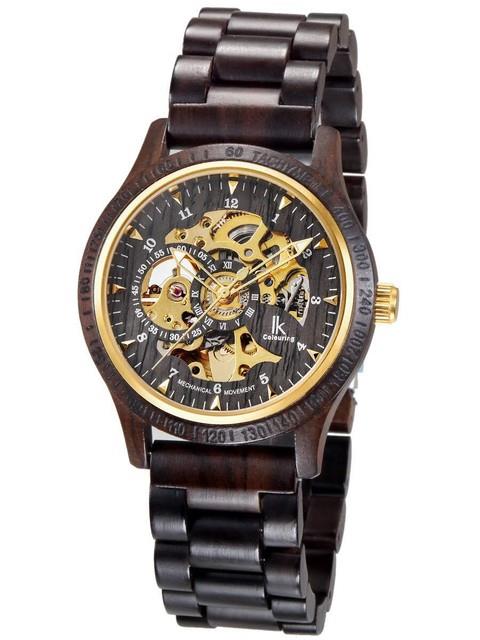 Montre Automatique Homme Noir Bracelet En Bois Or Doree Squelette