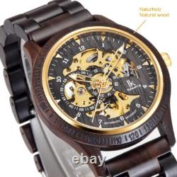 Montre Automatique Homme Noir Bracelet en Bois Or Doree Squelette Montre Automatique Homme Noir Bracelet en Bois Or Doree Squelette