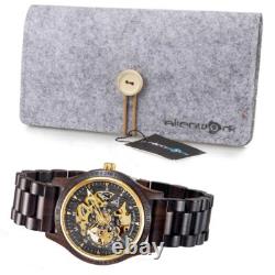 Montre Automatique Homme Noir Bracelet en Bois Or Doree Squelette Montre Automatique Homme Noir Bracelet en Bois Or Doree Squelette