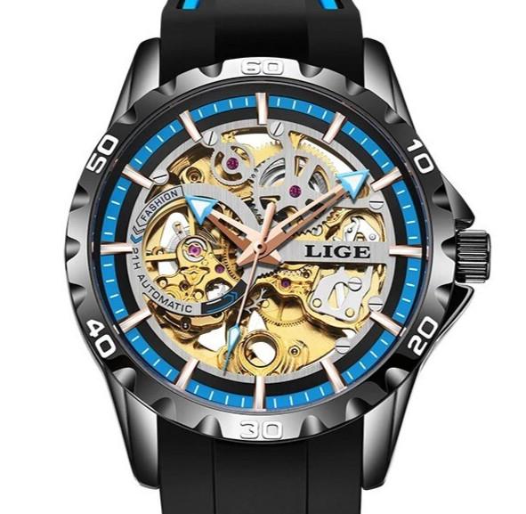 Montre M&eacute;canique Homme Lige Lg89113 Black & Blue Squelette Automatique