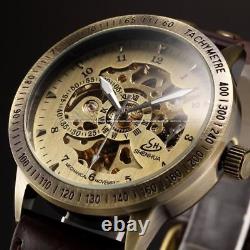 Montre Squelette Mécanique Automatique Bronze Rétro Homme Bracelet Cuir PROMO