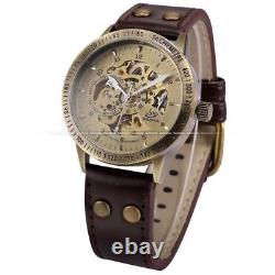 Montre Squelette Mécanique Automatique Bronze Rétro Homme Bracelet Cuir PROMO