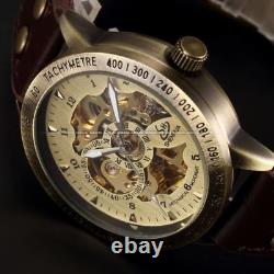 Montre Squelette Mécanique Automatique Bronze Rétro Homme Bracelet Cuir PROMO