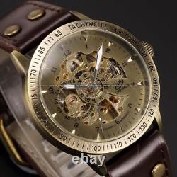 Montre Squelette Mécanique Automatique Bronze Rétro Homme Bracelet Cuir PROMO