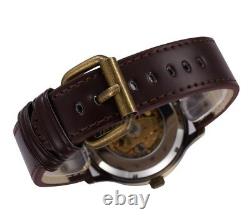 Montre Squelette Mécanique Automatique Bronze Rétro Homme Bracelet Cuir PROMO