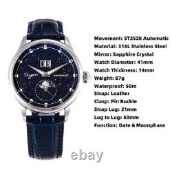 Montre Sugess Moonphase Homme 40mm Automatique ST2528 Acier Cadran Grès Bleu