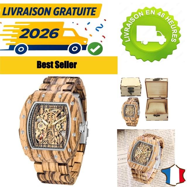 Montre Automatique En Bois Tiong Homme Carr&eacute;e Squelette Mwd-01fang