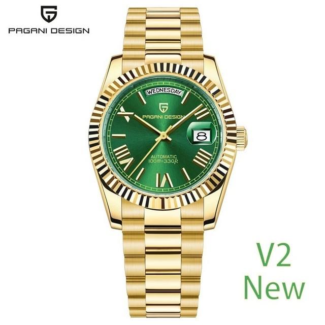 Pagani Design Gold Green Montre Homme Automatique Acier Inoxydable 36mm