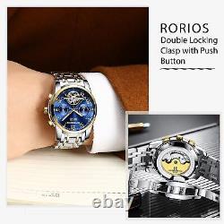 RORIOS Mode Luxe Automatique Mécanique Homme Montres Bracelet Calendrier Lumi